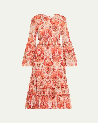 Cinq À Sept Sunnina Damask Midi Dress In Pink Poppy Multi