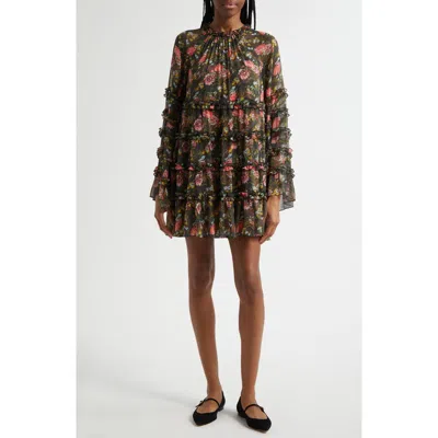 Cinq À Sept Sunniva Impressionist Floral Long Sleeve Tiered Shift Dress In Green