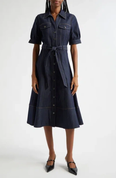 Cinq À Sept Suzie Short Sleeve Denim Midi Dress In Indigo