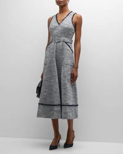 Cinq À Sept Tadi Belted Cotton Linen V-neck Midi Dress In Navy/ Ivory