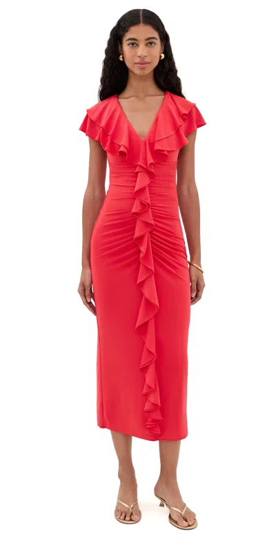 Cinq À Sept Tallis Ruffle Ruched V Neck Midi Dress In Red