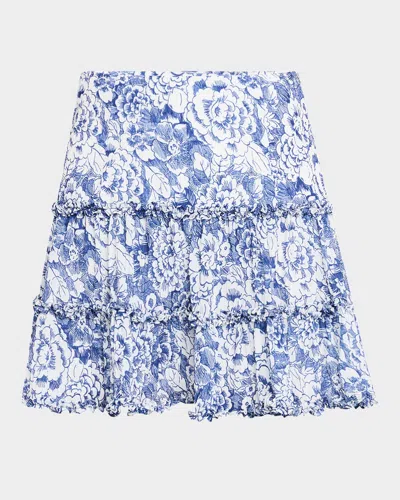 Cinq À Sept Thea Sketchbook Floral Mini Skirt In White/dk Cerule