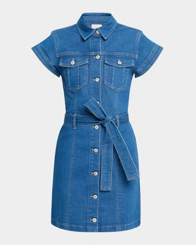Cinq À Sept Tie Belted Short-sleeve Denim Mini Dress In Blue