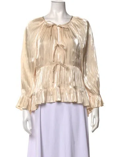 Pre-owned Cinq À Sept Tie Neck Long Sleeve Blouse W/ Tags In Metallic/neutrals