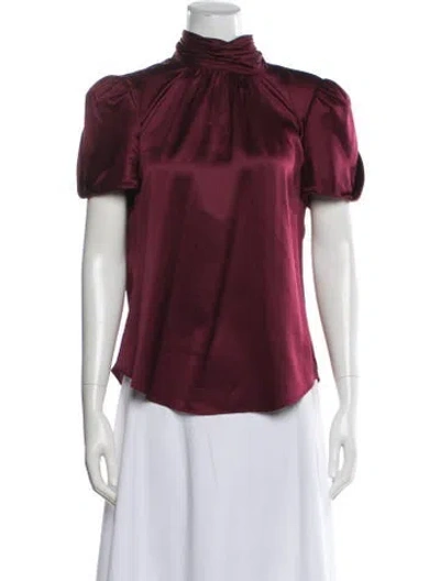 Pre-owned Cinq À Sept Tie Neck Short Sleeve Blouse In Burgundy