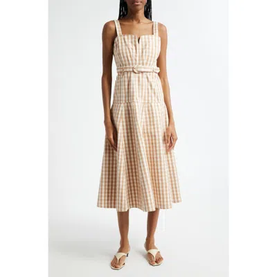 Cinq À Sept Tina Gingham Belted Denim Sundress In Sahara/light Plaster