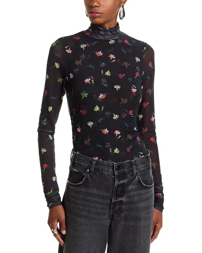 Cinq À Sept Cinq A Sept Tumbling Carnations Shirred Mesh Turtleneck In Black