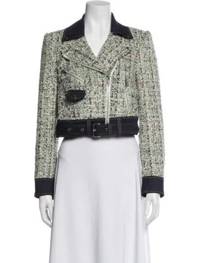 Pre-owned Cinq À Sept Tweed Pattern Biker Jacket In Green