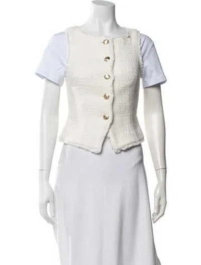 Pre-owned Cinq À Sept Tweed Pattern Crew Neck Button-up Top In White