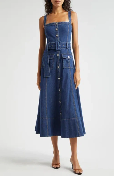 Cinq À Sept Vega Belted Sleeveless Denim Fit & Flare Midi Dress In Medium Wash