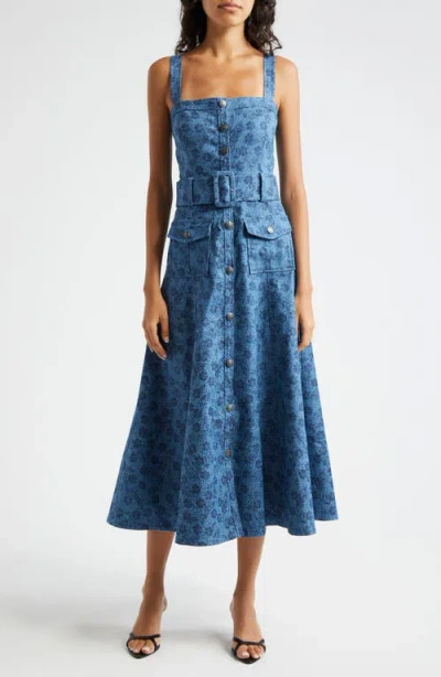 Cinq À Sept Vega Belted Sleeveless Fit & Flare Midi Dress In Indigo Multi