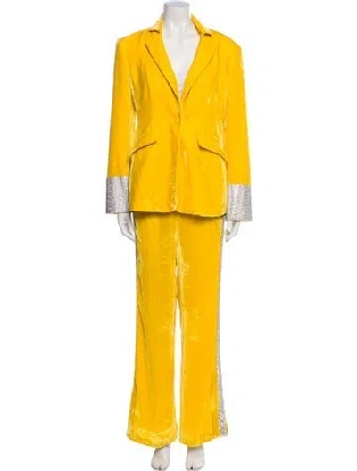 Pre-owned Cinq À Sept Velour Crystal Embellishments Pantsuit In Yellow