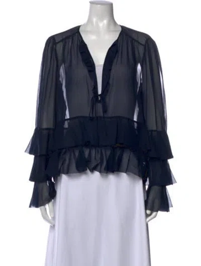 Pre-owned Cinq À Sept V-neck Long Sleeve Blouse W/ Tags In Blue