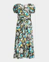 Cinq À Sept Walker Floral Puff-sleeve Midi Dress In Obsidian Multi