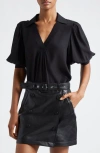 Cinq À Sept Weldon Collared V-neck Short-sleeve Silk Combo Top In Black