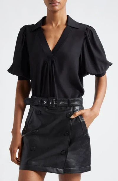 Cinq À Sept Weldon Collared V-neck Short-sleeve Silk Combo Top In Black