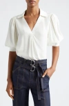 Cinq À Sept Weldon Collared V-neck Short-sleeve Silk Combo Top In Ivory