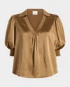 Cinq À Sept Weldon Collared V-neck Short-sleeve Silk Combo Top
