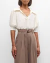 Cinq À Sept Weldon Collared V-neck Short-sleeve Silk Combo Top In Ivory