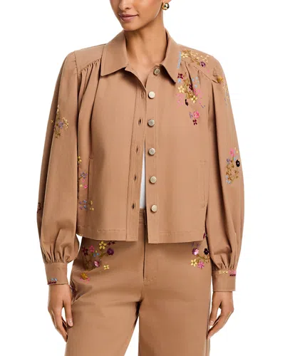 Cinq À Sept Cinq A Sept Wildflower Embroidered Lyla Jean Jacket In Sandstone In Brown