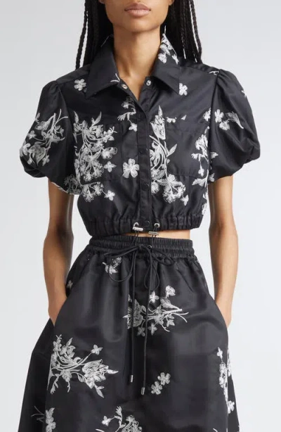 Cinq À Sept Wildflower Whimsy Crop Satin Button-up Shirt In Black