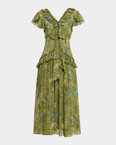 Cinq À Sept Windswept Floral Siv Ruffle Midi Dress In Metallic
