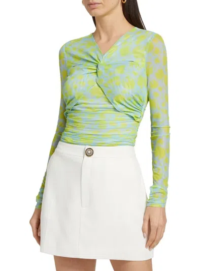 Cinq À Sept Aniya Floral Mesh Top In Serene Sky Fresh Lime