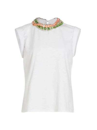Cinq À Sept Women's Bella Jeweled Neckline Top In White/coral Multi