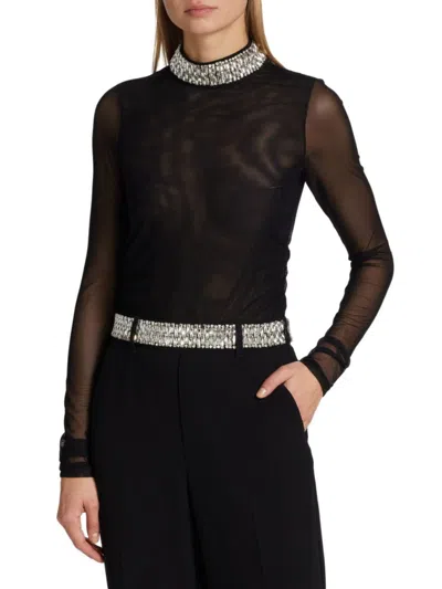 Cinq À Sept Women's Embellished Fitted Mesh Top In Black