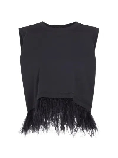 Cinq À Sept Women's Feather-trimmed Stretch-cotton Crop T-shirt In Black