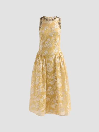 Cinq À Sept Florence Floral-jacquard Crystal-embellished Midi Dress In Yellow