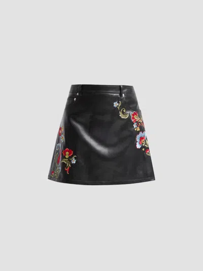 Cinq À Sept Women's Keke Floral Embroidered Faux Leather Mini Skirt In Black