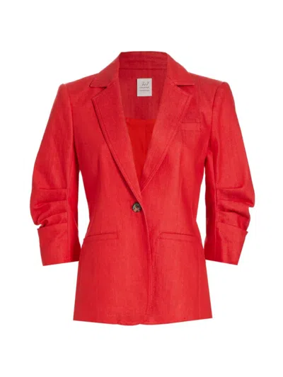 Cinq À Sept Khloe Ruched-sleeve Denim Blazer In Red