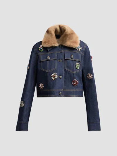 Cinq À Sept Cinq A Sept Lexie Baroque Patches Faux Fur Collar Denim Jacket In Blue