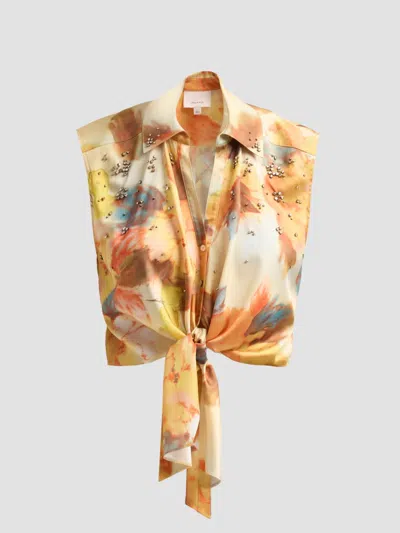 Cinq À Sept Watercolor Floral Crystal Embellished Tie Front Top In Black
