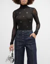 Cinq À Sept Women Star Shirred Mesh Turtleneck Top In Black In Black