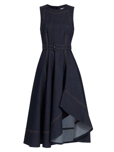 Cinq À Sept Zelda Belted Asymmetric Sleeveless Denim Midi Dress In Indigo