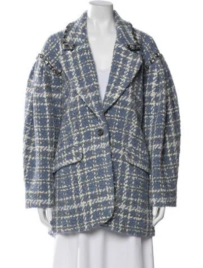 Pre-owned Cinq À Sept Wool Plaid Print Coat In Blue