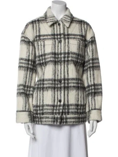 Pre-owned Cinq À Sept Wool Plaid Print Jacket In White