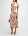 CINQ À SEPT XIMENA DRAPED FLORAL PUFF-SLEEVE V-NECK MIDI DRESS