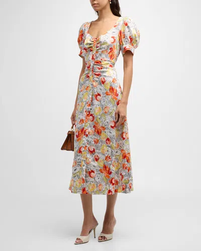 Cinq À Sept Ximena Draped Floral Puff-sleeve V-neck Midi Dress In Multi