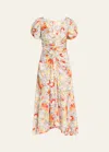 CINQ À SEPT XIMENA DRAPED FLORAL PUFF-SLEEVE V-NECK MIDI DRESS