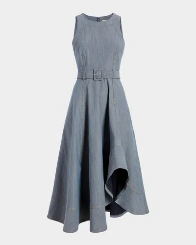 Cinq À Sept Zelda Belted Asymmetric Sleeveless Denim Midi Dress