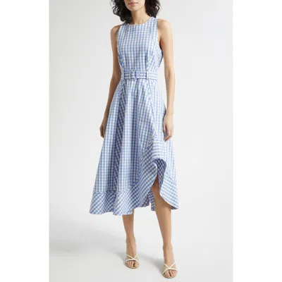 Cinq À Sept Zelda Gingham Belted Denim Midi Dress In Blue