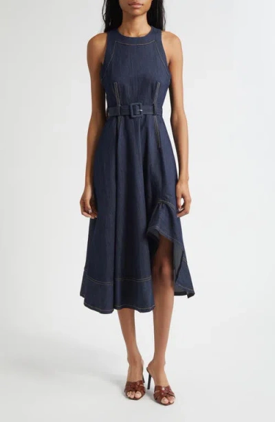 Cinq À Sept Zelda Sleeveless Belted Cotton Blend Denim Dress In Blue