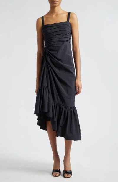 Cinq À Sept Zinnia Gathered Poplin Sleeveless High-low Midi Dress In Black
