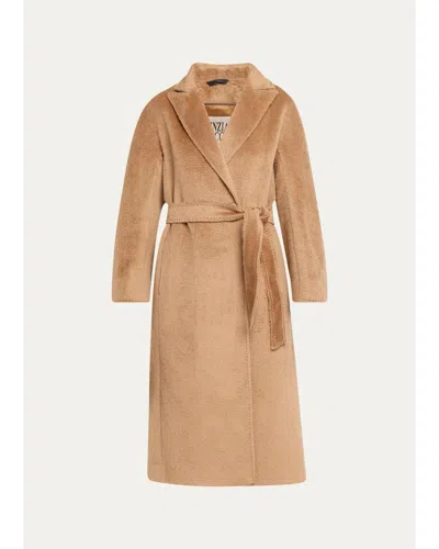 Cinzia Rocca Long Belted Notch-collar Wool-blend Coat In Neutral