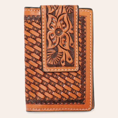 Circle Sh Men's Brown Basket Weave Floral Tooled Bifold Wallet