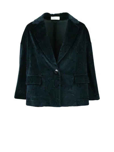 Circolo 1901 Bottle Green Velvet Jacket With Paisley Pattern And Cropped Silhouette In Black