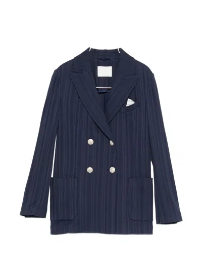 Circolo 1901 Striped Double Breasted Long Cotton Jacket In Blue